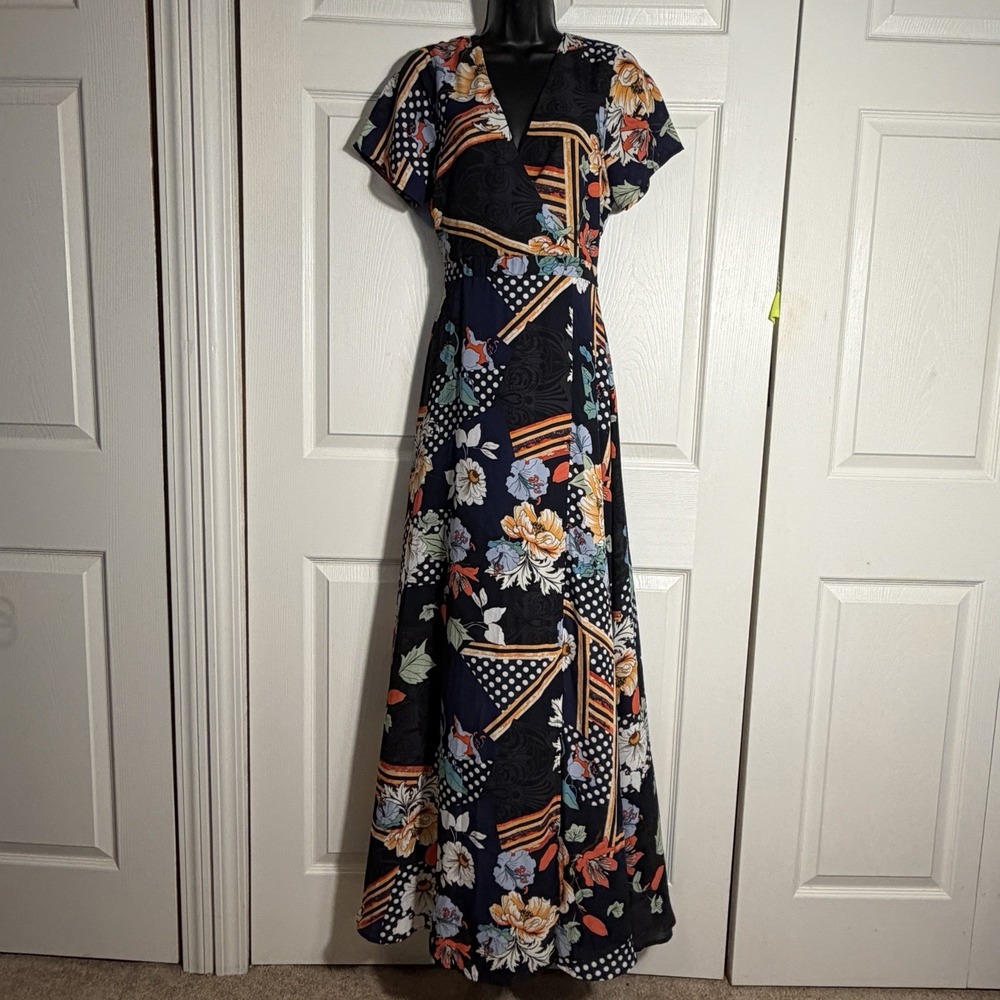 Lulus Aleta Surplice Maxi Dress Women L Blue Patchwork Floral Print Side Slit